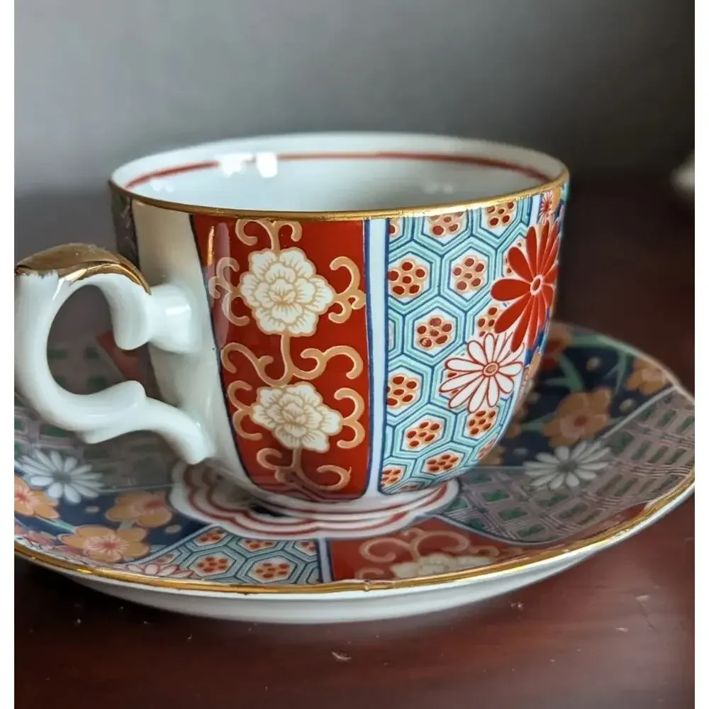 Vtg Arita Imari Teacup Saucer Set Japan Porcelain Fan Shape Kutani